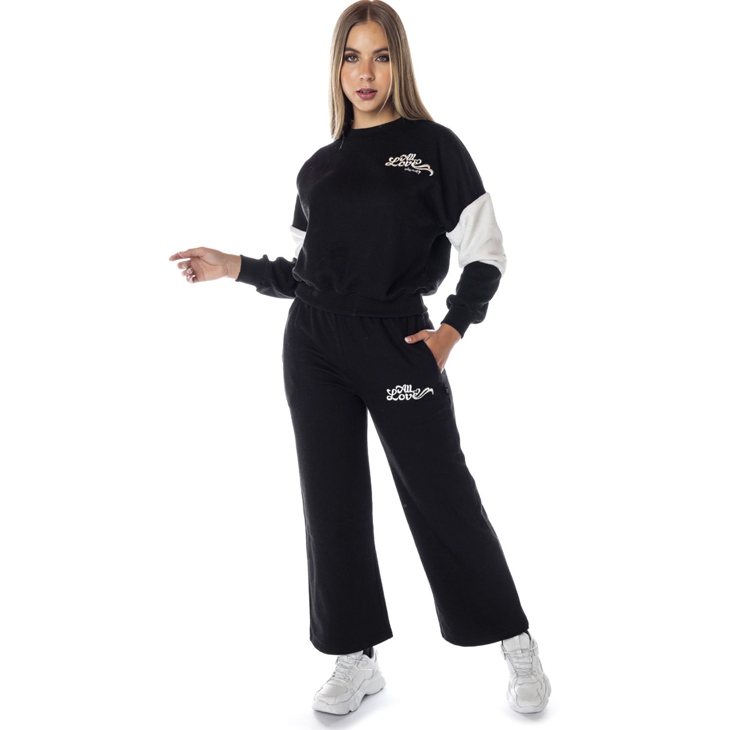 Tc814conjp Time Chopper Negro Conjunto Dama Palazo Con Felpa color  | Platanitos