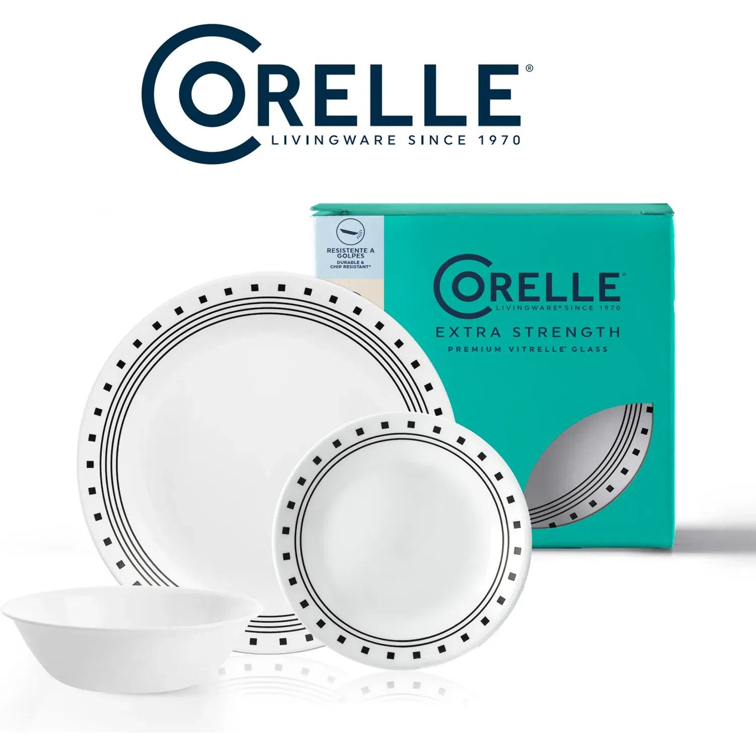 Set Corelle Vajilla 3 Piezas Redondo City Block color blanco / negro | Platanitos