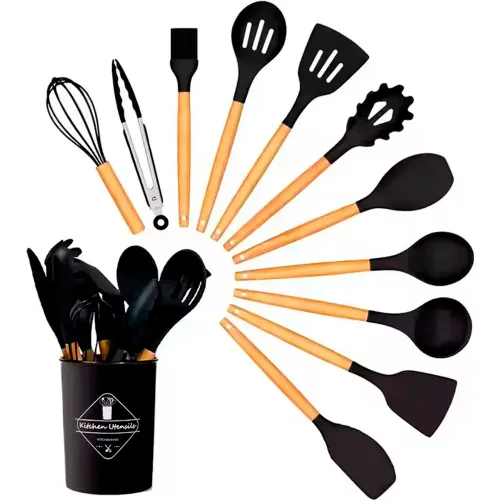 ICHIMATSU Juego De Utensilios  De Silicona Para Cocina 12 Pz Mango Madera