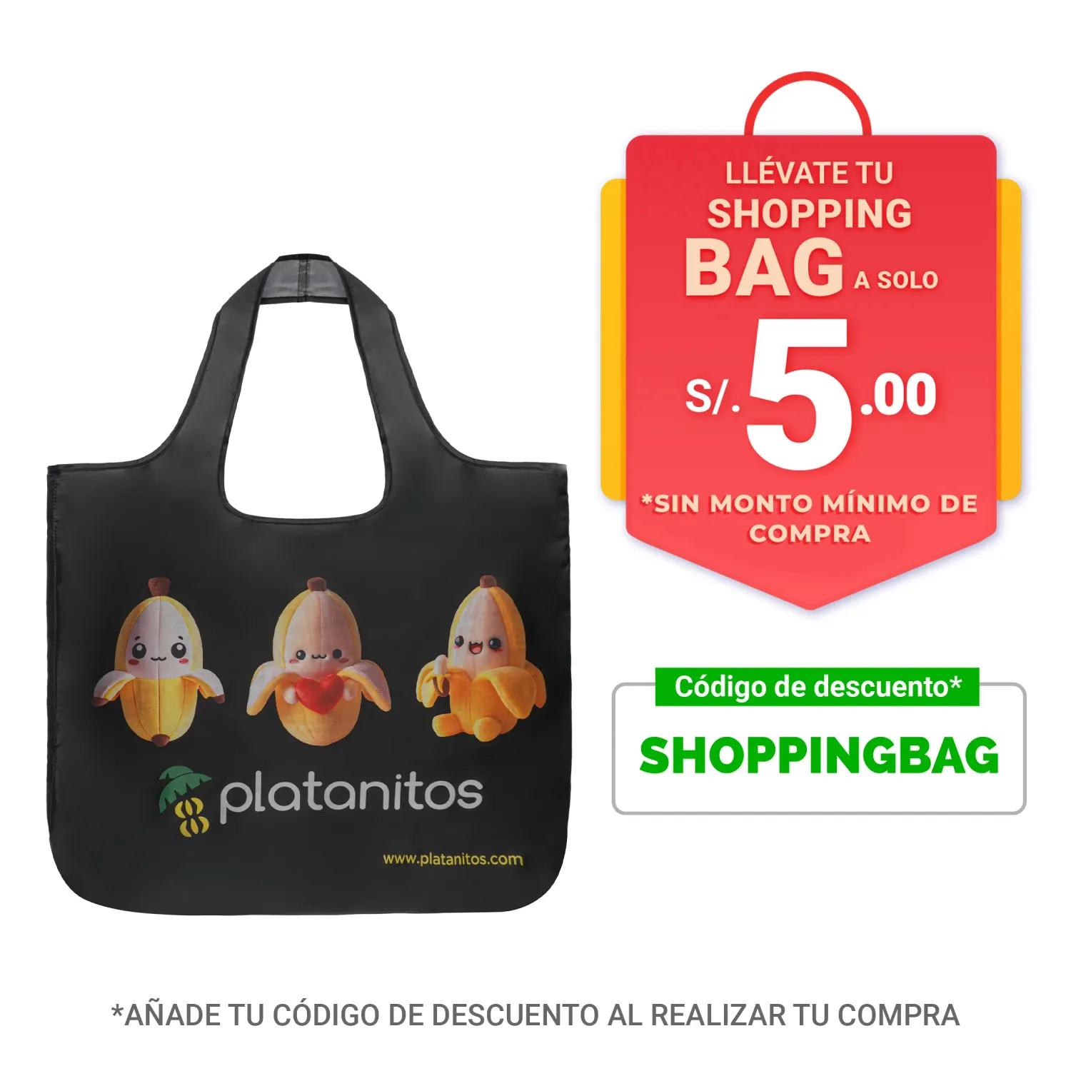 Bolsa Platanitos De Compras Reutilizable Plegable Inve020 color negro | Platanitos
