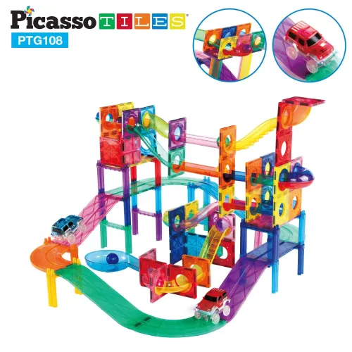 PICASSO TILES Bloques Magnéticos 3 En 1 - Pista De Canicas Y Autos De 108 Piezas