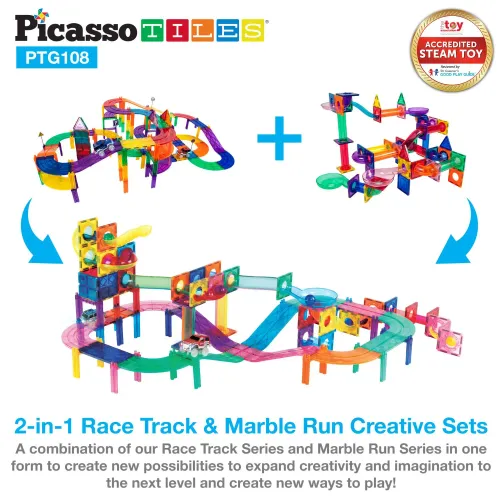 PICASSO TILES Bloques Magnéticos 3 En 1 - Pista De Canicas Y Autos De 108 Piezas