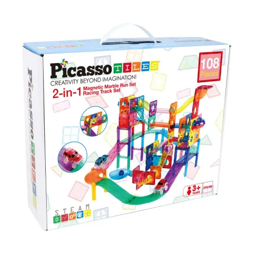 PICASSO TILES Bloques Magnéticos 3 En 1 - Pista De Canicas Y Autos De 108 Piezas