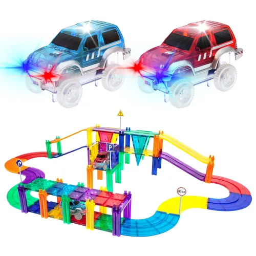 PICASSO TILES Bloques Magnéticos Pista De Carreras De 50 Piezas Y 2 Autos Led