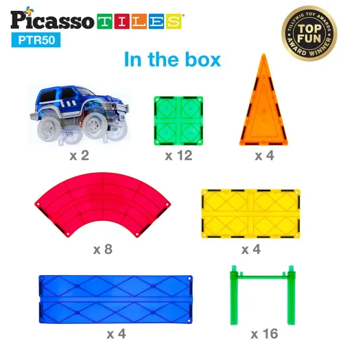 PICASSO TILES Bloques Magnéticos Pista De Carreras De 50 Piezas Y 2 Autos Led