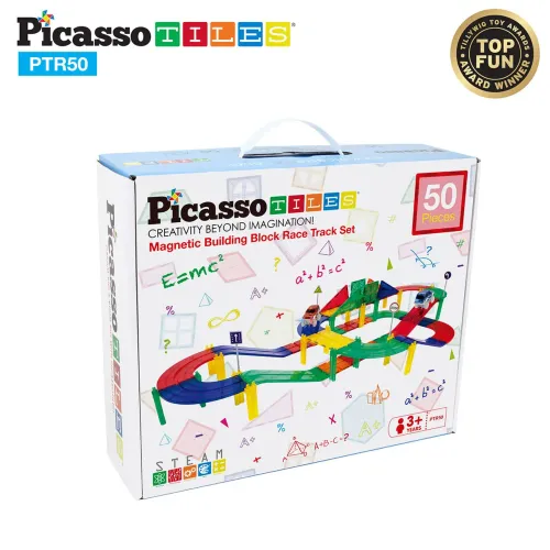 PICASSO TILES Bloques Magnéticos Pista De Carreras De 50 Piezas Y 2 Autos Led