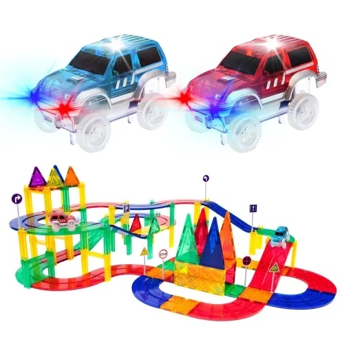 PICASSO TILES Bloques Magnéticos Pista De Carreras De 80 Piezas Y 2 Autos Led