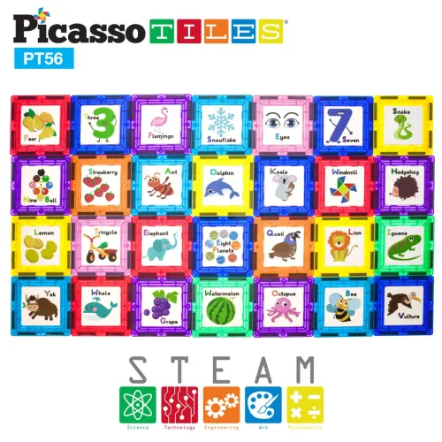 PICASSO TILES Bloques Magnéticos Tarjeta Educativas De Abecedario Y Números De 56 Piezas
