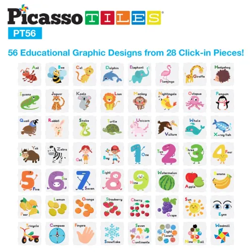 PICASSO TILES Bloques Magnéticos Tarjeta Educativas De Abecedario Y Números De 56 Piezas