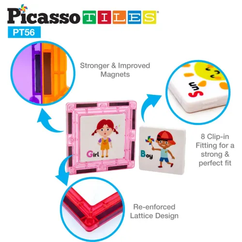 PICASSO TILES Bloques Magnéticos Tarjeta Educativas De Abecedario Y Números De 56 Piezas