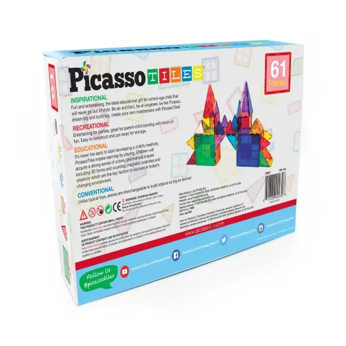 PICASSO TILES Juego De Bloques De Construcción Magnéticos De 61 Piezas Con Bolsa Para Guardar