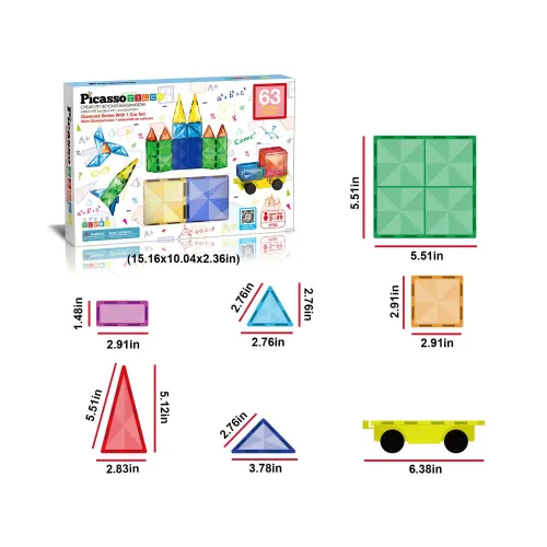 PICASSO TILES Set De Bloques De Construcción Magnéticos De 63 Piezas (Incluye Kit Para Armar Un Vehículo)