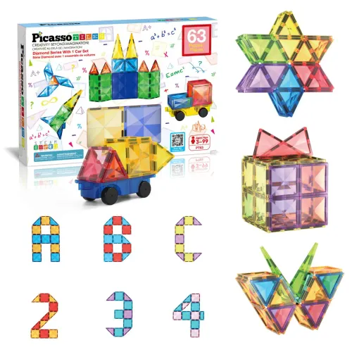 PICASSO TILES Set De Bloques De Construcción Magnéticos De 63 Piezas (Incluye Kit Para Armar Un Vehículo)