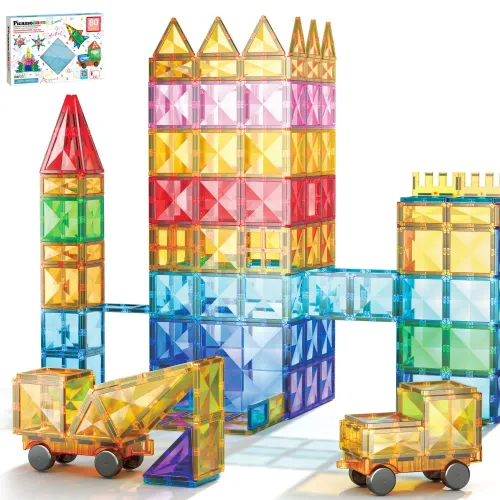PICASSO TILES Set De Bloques De Construcción Magnéticos De 80 Piezas (Incluye Kit Para Armar Un Vehículo)