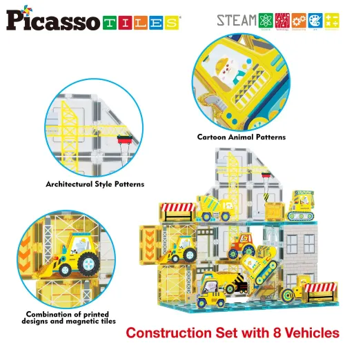 PICASSO TILES Juego De Bloques De Construcción Magnéticos De 45 Piezas (Incluye 8 Figuras De Vehículos)