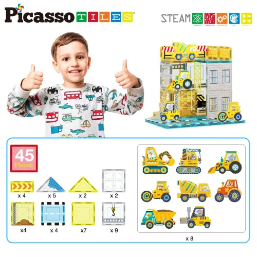 PICASSO TILES Juego De Bloques De Construcción Magnéticos De 45 Piezas (Incluye 8 Figuras De Vehículos)