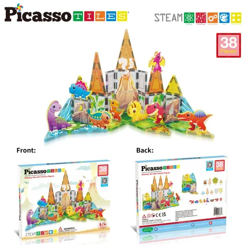 PICASSO TILES Juego De Bloques De Construcción Magnéticos Mundo Dinosaurio De 38 Piezas (Incluye 8 Figuras De Dinosaurios)