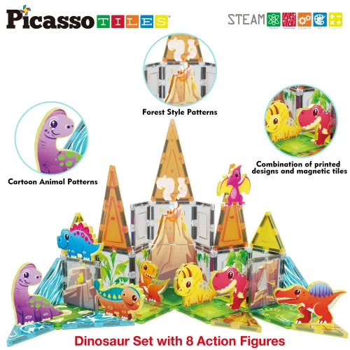 PICASSO TILES Juego De Bloques De Construcción Magnéticos Mundo Dinosaurio De 38 Piezas (Incluye 8 Figuras De Dinosaurios)