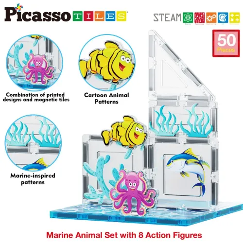 PICASSO TILES  modelo Juego De Bloques De Construcción Magnéticos Mundo Marino De 52 Piezas (Incluye 8 Figuras De Animales) 2025050219334412140  