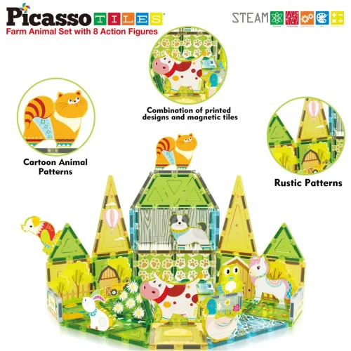 PICASSO TILES  modelo Juego De Bloques De Construcción Magnéticos Granja  De 52 Piezas (Incluye 8 Figuras De Animales) 2025050219334412143  