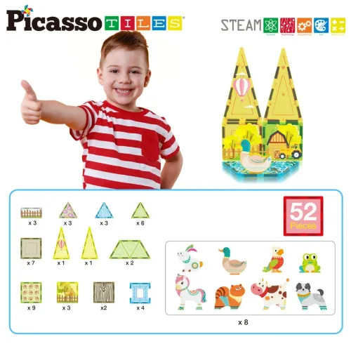 PICASSO TILES Juego De Bloques De Construcción Magnéticos Granja  De 52 Piezas (Incluye 8 Figuras De Animales)