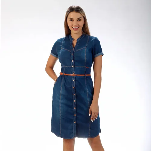 FORDAN JEANS Vestido Mujer 3895 Cuello Neru Manga Corta