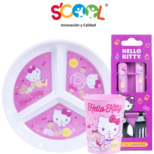 Scool Set Vajilla De Melamine División Con Cubiertos Y Vaso Hello Kitty
