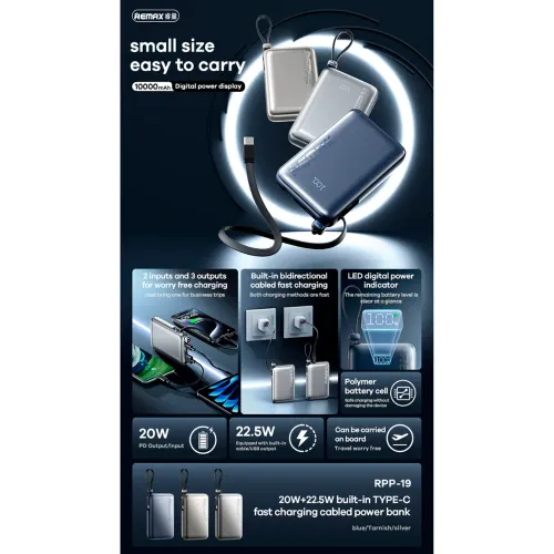 REMAX Cargador Portatil Powerbank Rpp-19 10000mah 20w+22.5w + Cable Integrado