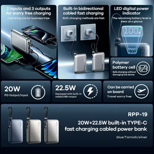 REMAX Cargador Portatil Powerbank Rpp-19 10000mah 20w+22.5w + Cable Integrado
