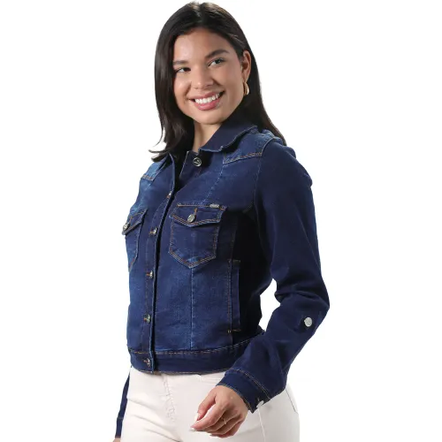 FORDAN JEANS Casaca Jean Strech Mujer 3939 Con Corte Delantero Y Bolsillo Parche