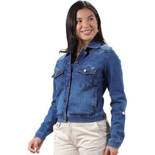 FORDAN JEANS Casaca Jean Strech Mujer 3939 Con Corte Delantero Y Bolsillo Parche