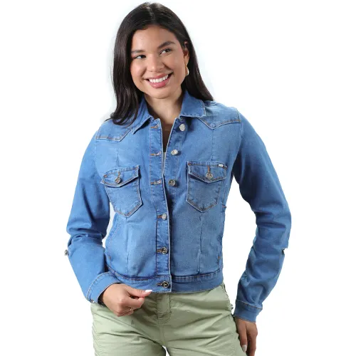 FORDAN JEANS Casaca Jean Strech Mujer 3939 Con Corte Delantero Y Bolsillo Parche