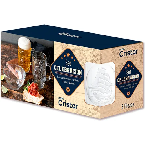 CRISTAR Transparente modelo Set Celebracion (2 Jarros Cerveceros + 1 Bowl) transparentes 2025110422461775527