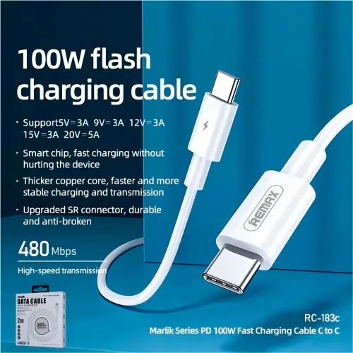 REMAX Cable De Carga Rápida Remax Rc-183c Type-C To C Blanco 2m