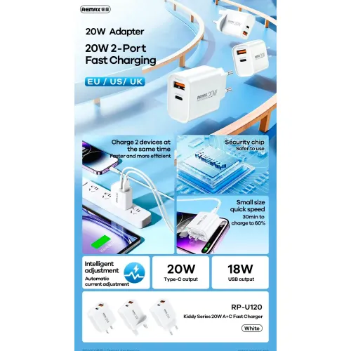 REMAX Cargador Rápido Remax Rp-U120 20w Blanco Usb-A + Usb-C