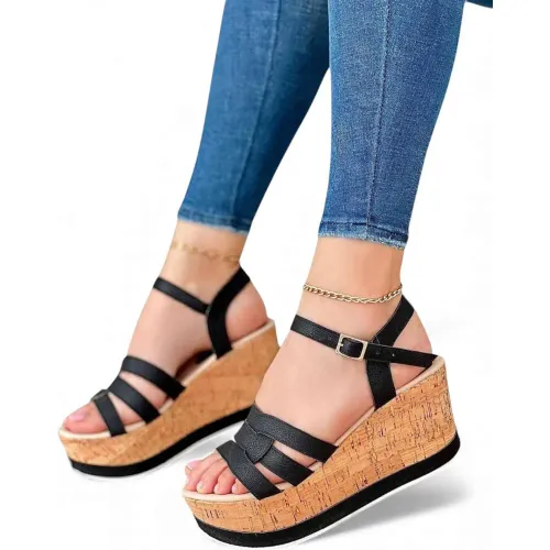 YOMAR Negro de Mujer modelo Sandalia Mujer Cuña 7 Tres Correas negros sintéticos mujer 2025121823413717786 Sintético Sintético