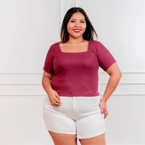  Polo Manga Corta Mujer Cuello Cuadrado Acanalada