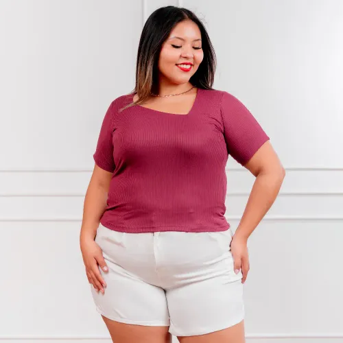  Polo Manga Corta Mujer Asimetrico Acanalada