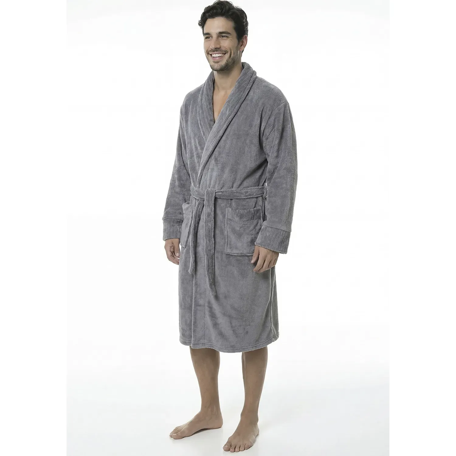 Bata Kayser De Dormir Hombre Manga Larga Coral Fleece color gris | Platanitos