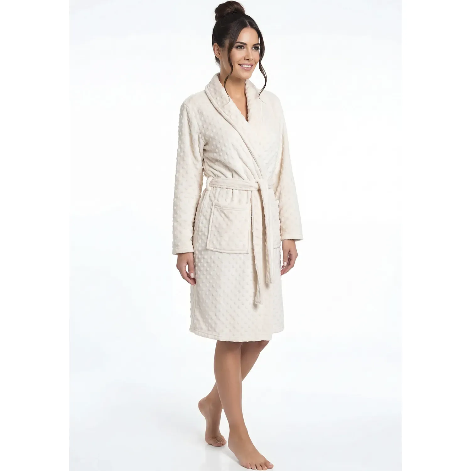 Bata Kayser Mujer Manga Larga Coral Fleece color marfil | Platanitos