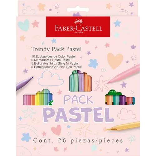 FABER CASTELL Varios Pack Pastel 10 Ecolápices + 5 Lapiceros +  6 Plumones + 5 Marcadores