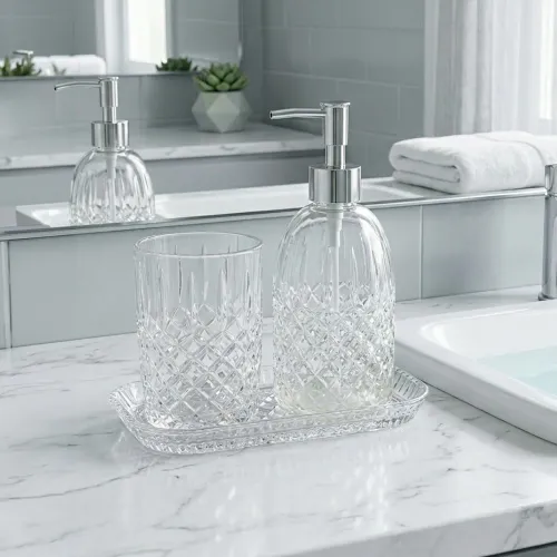 ICHIMATSU Juego X 3 Piezas Accesorios Para Baño De Vidrio (Dispens+jab+porta Cepillo)