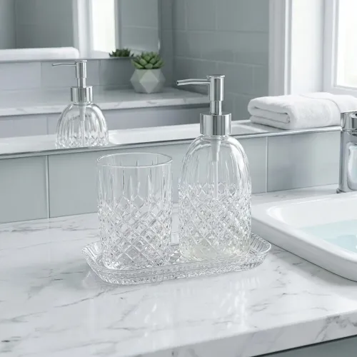 ICHIMATSU Juego X 3 Piezas Accesorios Para Baño De Vidrio (Dispens+jab+porta Cepillos)