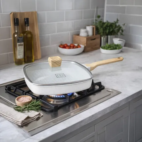 MGC Sarten Grill Cuadrada Con Tapa De Vidrio Color Blanco De 28 Cm