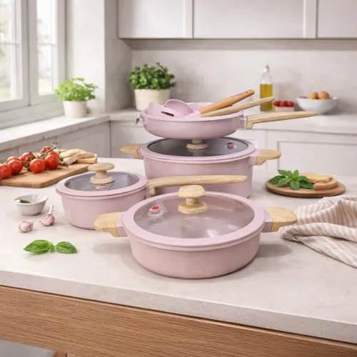 MGC Juego De Ollas X 9 Pz Con Resvestimiento De Cerámica ( Cac.18+olla24+olla Baja24+sart.24+cuchar+esp)