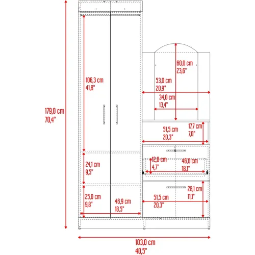 TUHOME Ropero Cómoda Praga 3 Puertas 1 Cajón Y Espejo