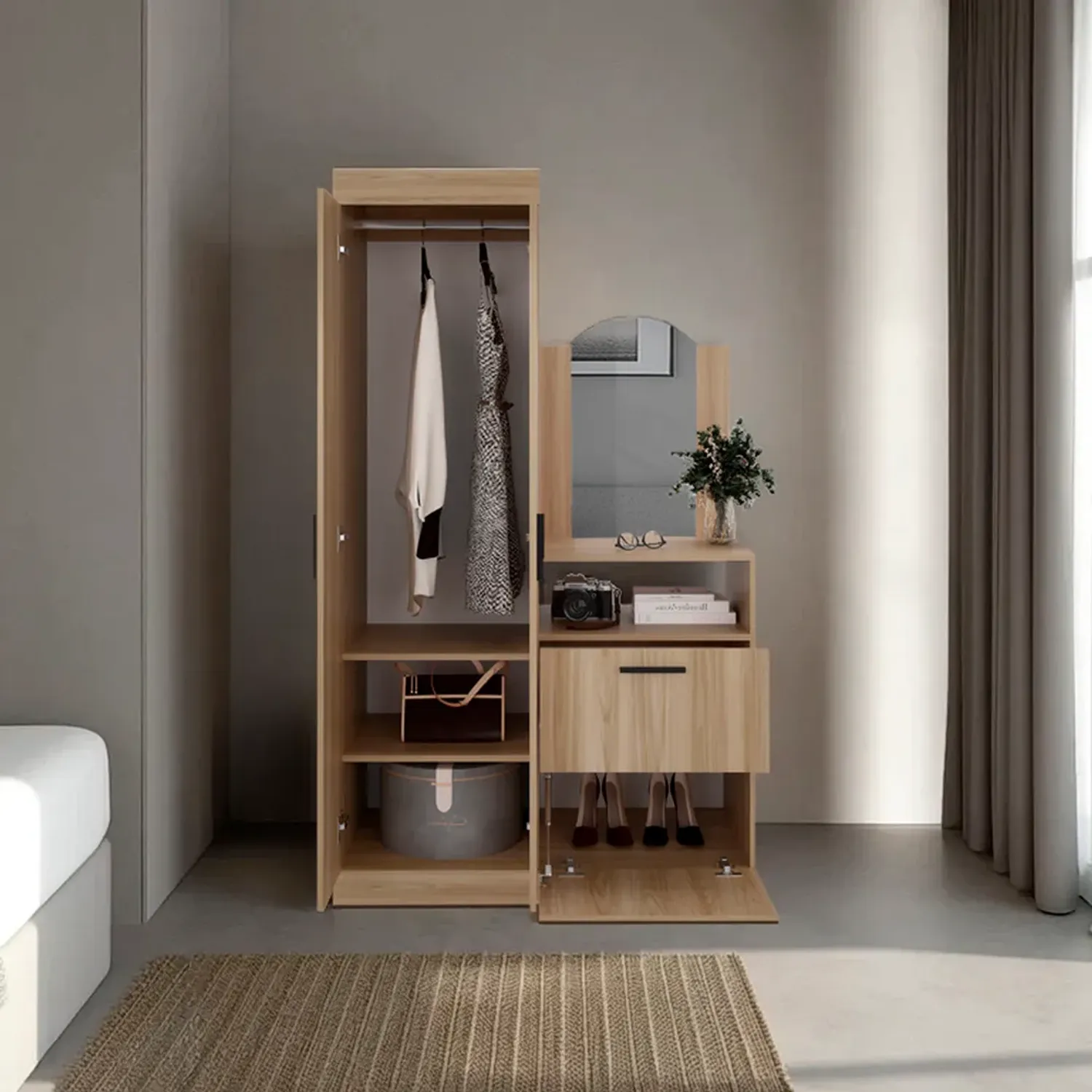 Ropero Tuhome Cómoda Praga 3 Puertas 1 Cajón Y Espejo color fresno | Platanitos