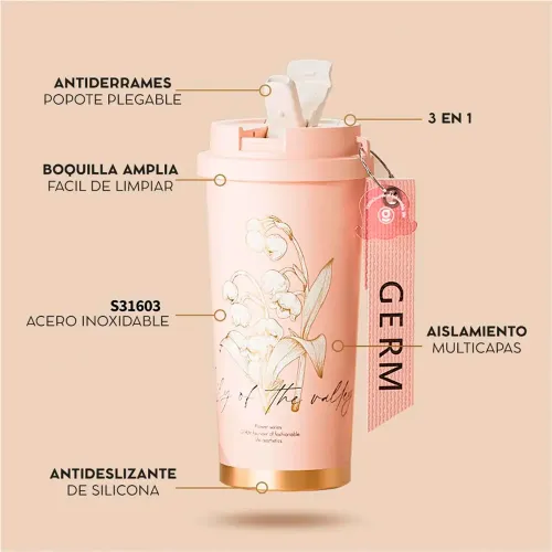 GERM Vaso Térmico Rose Peonias 500 Ml Acero Inoxidable