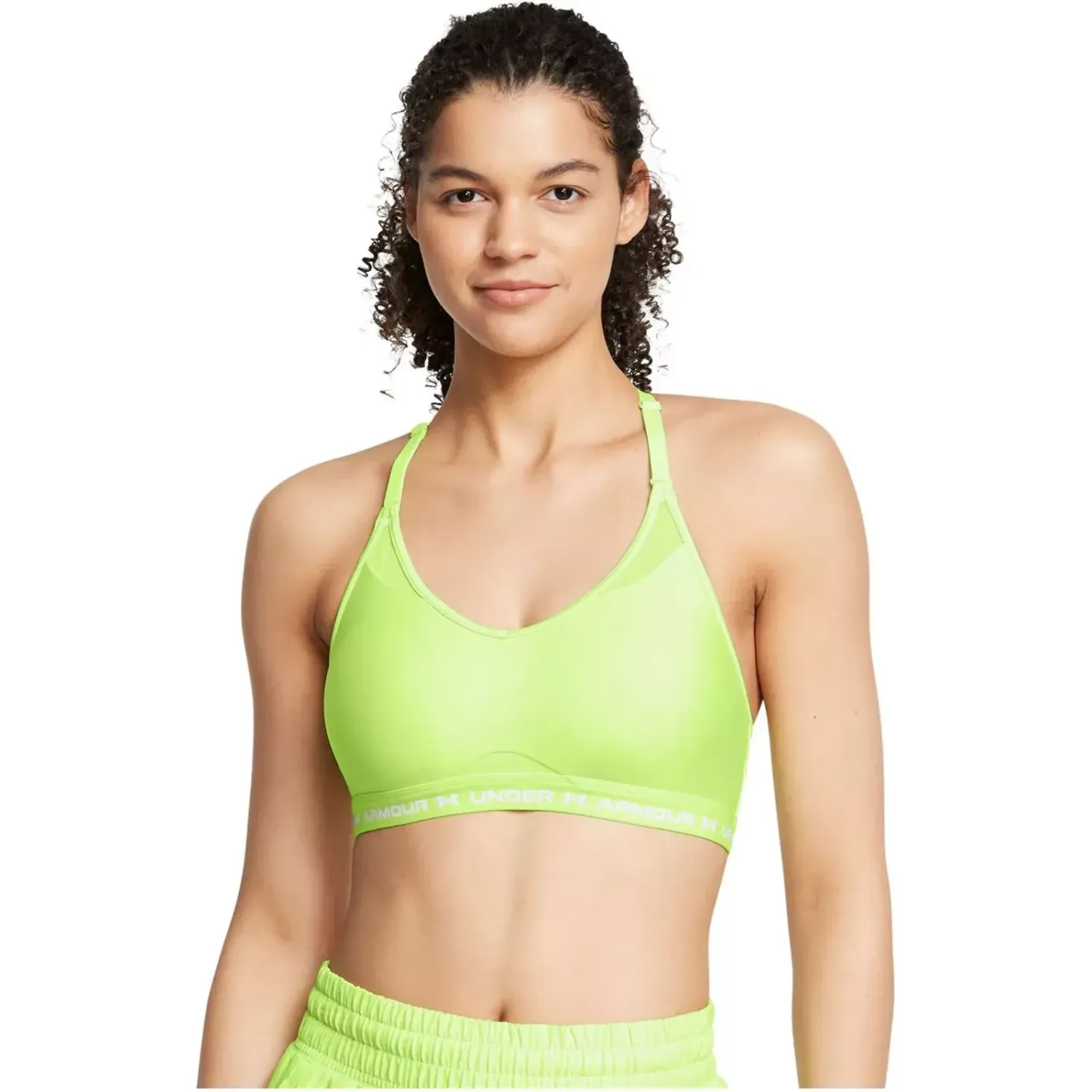 Top Under Armour Training Mujer Crossback Low Bra color verde limon | Platanitos