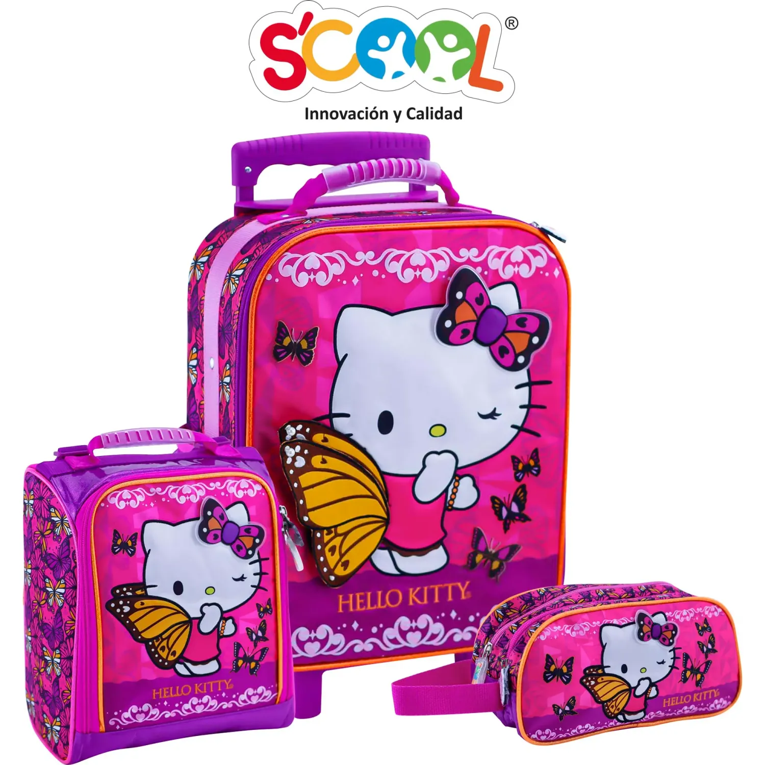 Set Scool Maleta Con Ruedas Grande Magic Premium Tela Kitty color multicolor | Platanitos